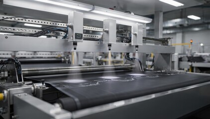 Fototapeta premium Ultrasonic gauges analyzing thickness variations on a conveyor belt in a hightech facility showcasing advanced noncontact measurement technology during continuous processing.