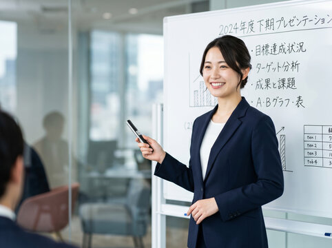 ボードの前で会議資料を解説するスーツの女性