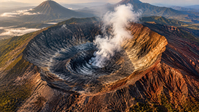 Aerial view of Mt.Bromo crater in Bromo Tengger Semeru National Park located in East Java of Indonesia. Mount Bromo is the most unique volcano in Indonesia's ring of fire. Dominated by Tengger tribes.
