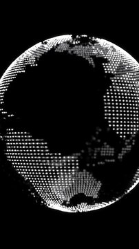 Digital dotted world map globe on black background.