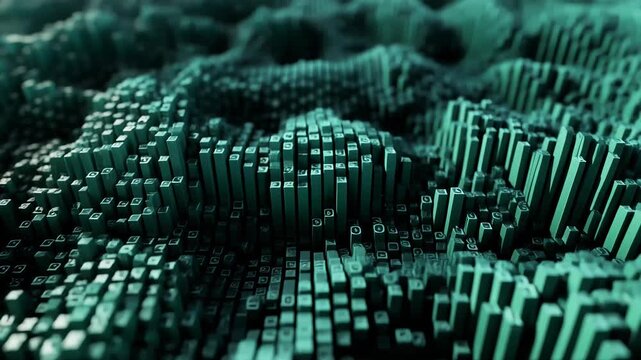 Abstract teal 3d terrain made of small cuboid blocks with symbols, shallow depth of field, futuristic data landscape