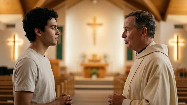 Young man talking with a priest inside a church. Catholic clergyman giving spiritual guidance and advice to a youth. Religion and faith concept