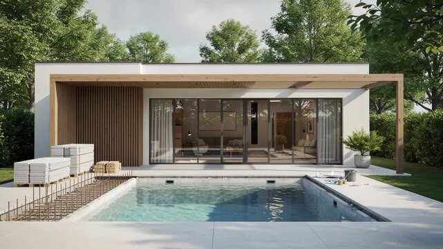 Modern minimalist house with glass walls and swimming pool surrounded by greenery and construction materials
