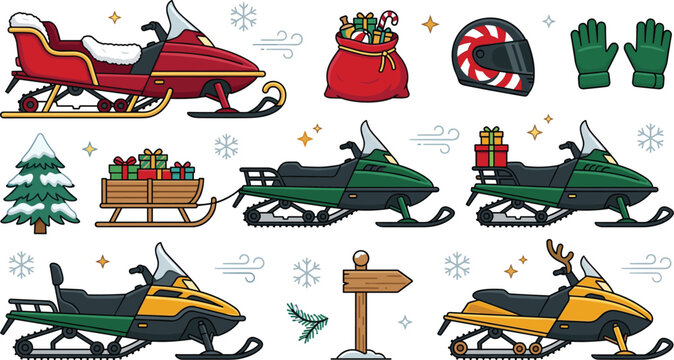Winter Snowmobile Adventure and Christmas Holiday Recreation Vector Icon Set Featuring Snowmobiles Sled Sleigh Full Gift Sacks Helmets and Pine Trees