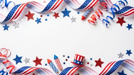 Obraz premium flat-lay Fourth of July celebration background with a clean bright white central area framed top and bottom by flowing American flag ribbons and curled red, white and blue streamers