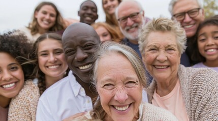 Fototapeta premium Multigenerational and multiracial group of friends smiling warmly for a portrait, featuring diverse people with joyful expressions and soft textures for inclusivity and family lifestyle content
