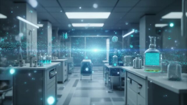 A futuristic lab interior with glowing cyan particles and vials floating in mid-air, depth of field blur