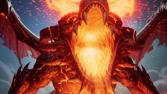 Fierce red dragon breathing fire with large wings and glowing molten scales in fantasy battle scene