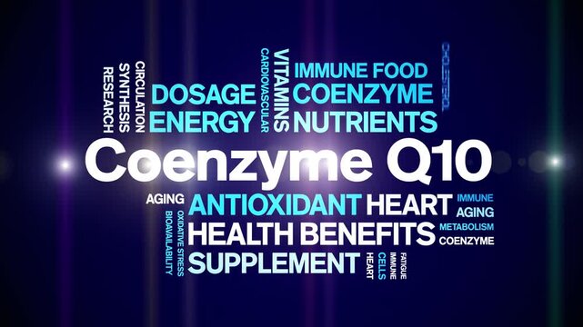 Coenzyme Q10 animated word cloud-CoQ10 text design animation tag kinetic typography seamless loop.