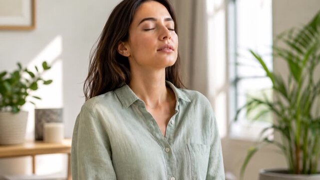 Young beautiful woman smiling tenderly with closed eyes reflecting calm and peaceful emotion.

