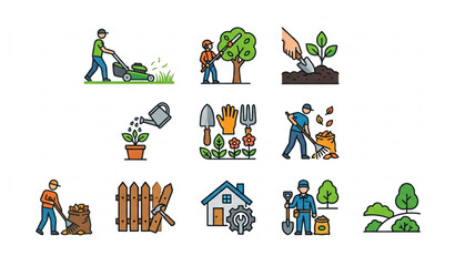 Fototapeta premium Modern Landscaping and Property Care Vector Icon Set with Lawn Maintenance Symbols