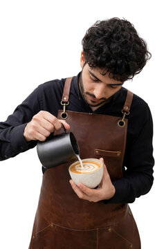 Professional Barista in Brown Leather Apron Making Latte Art Heart Pattern, Pouring Milk into Coffee Cup, Isolated on Transparent Background