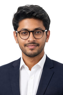 Portrait of a Confident Young Indian Businessman in Navy Blue Suit and Glasses Isolated on Transparent Background