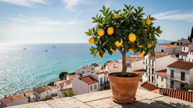 Lemon tree in a pot overlooking Mediterranean coastal town with white houses and blue sea