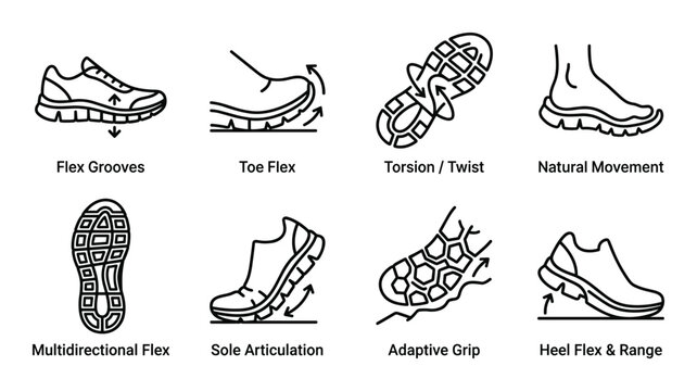 Running shoe technical features and sole grip icon series