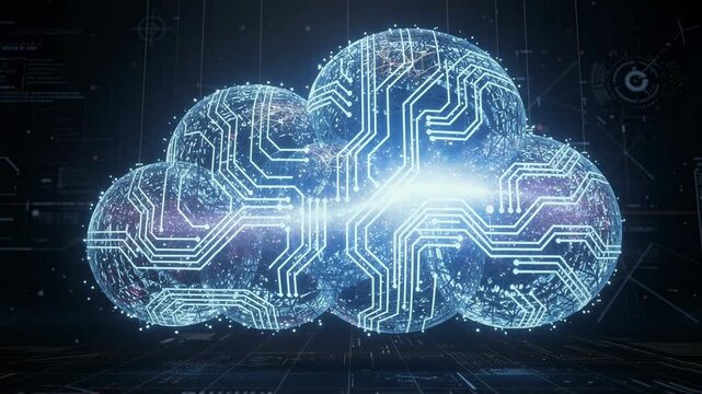 Futuristic digital cloud with glowing circuit lines and data connections representing cloud computing technology