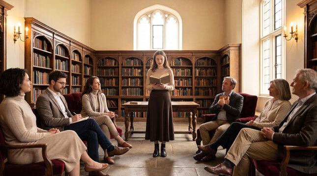 A woman reads an open book in an ancient library surrounded by like-minded people. Reading a book in a literary circle, writers and listeners, poets, prose writers