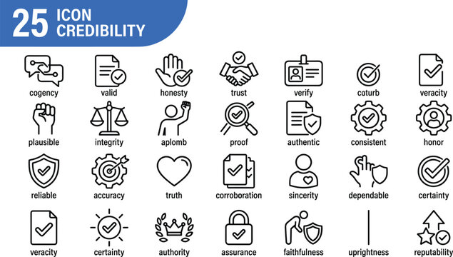 Credibility and trust icon set with linear symbols for business integrity reliability and authentic verification
