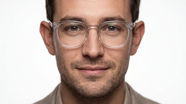 A charming young man with protruding ears and glasses looks into the frame in close-up. Portrait of an average man