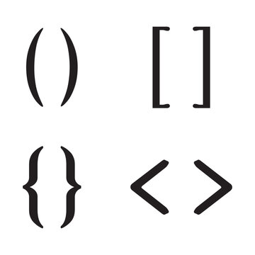 Bracket Symbols Icon Set. Minimal bracket symbols icon set featuring parentheses, square brackets, curly braces, and angle brackets with black thin Line style Isolated on White background.