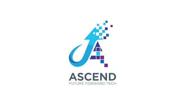 Corporate logo for Ascend featuring a stylized blue letter A made of upward arrows and dissolving into digital pixel blocks.