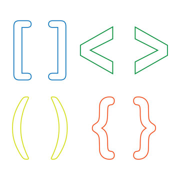 Bracket Symbols Icon Set. Minimal bracket symbols icon set featuring parentheses, square brackets, curly braces, and angle brackets with colorful outline style Isolated on Dark background.