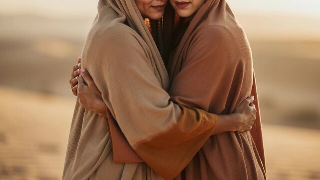 Two women embracing warmly wrapped in shawls in a desert setting with soft natural light
