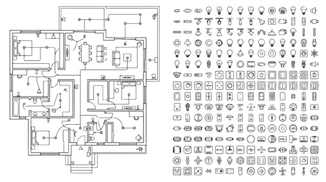 Architectural electrical floor plan with lighting symbols, house wiring diagram vector, residential power layout and technical icon set