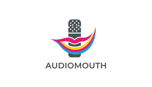 Modern corporate logo for Audiomouth showing a gray microphone combined with colorful abstract lips in pink, yellow, and blue.