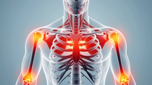 Human upper body anatomy with highlighted muscle and bone structure focusing on shoulder and chest pain areas