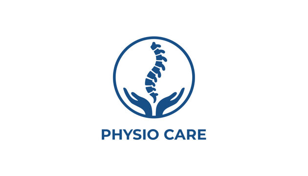 Professional medical logo for physio care clinic featuring a human spine symbol being supported by two caring hands.