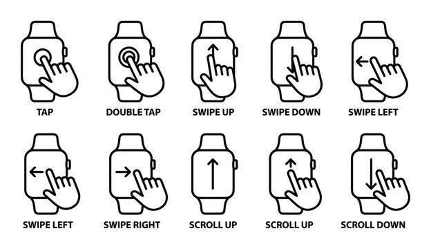 Smart watch touch screen interface gestures linear icons set