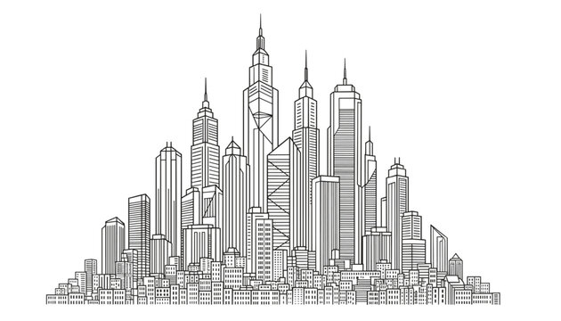 Detailed modern city skyline line art illustration featuring towering skyscrapers and dense urban buildings in black and white.
