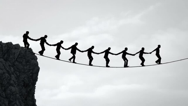 Silhouettes of people holding hands walking carefully on a narrow tightrope bridge between rocky cliffs in cloudy sky, teamwork and trust concept