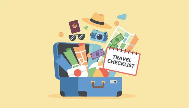 Open blue travel suitcase with colorful vacation essentials floating around it and a travel checklist.