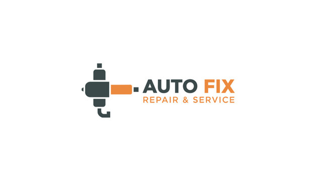 Minimalist auto fix repair and service logo showcasing a stylized spark plug or fuel injector in orange.