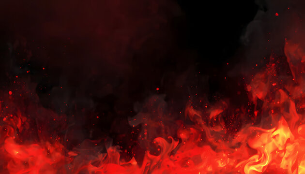 Fiery flames with smoke on black background