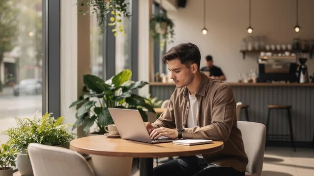 Young man working on laptop in cozy modern cafe with natural light and green plants around