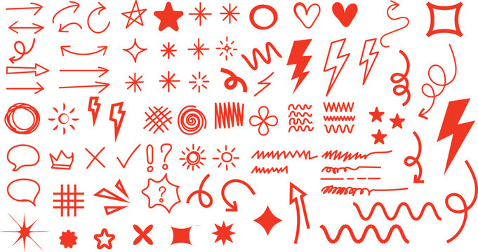 Red hand drawn pen marker stroke with circle scribble frame, round oval arrow element and line highlight underline for check mark emphasis on school textbook presentation layouts and creative 