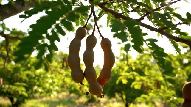 Fresh tamarind pods hang from a lush green tree in the sun