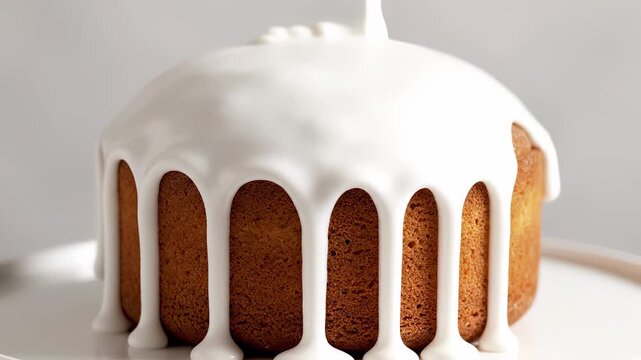 Pouring white icing on fresh baked cake. Glaze dripping down sides dessert. Delicious sweet food preparation