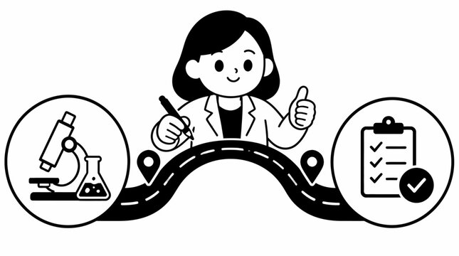 Female scientist with lab equipment and checklist illustration.