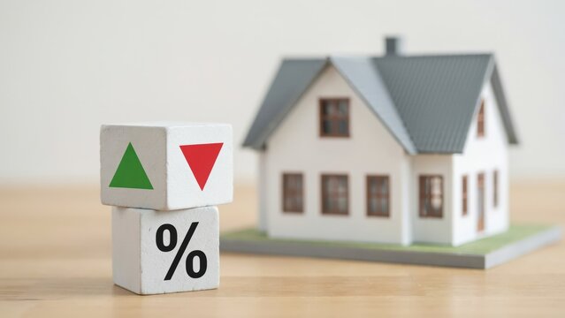 Miniature house with percent symbol and arrow blocks showing real estate interest rate trends