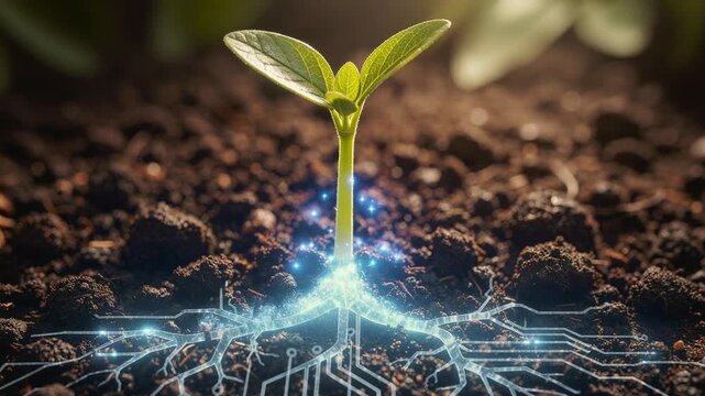 Young green plant sprout with glowing digital roots in fertile soil symbolizing smart agriculture and technology