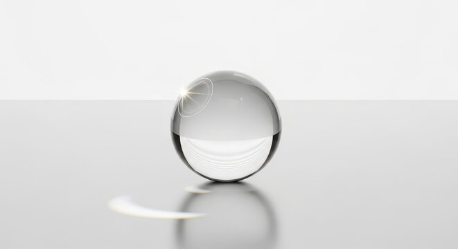 Glass sphere on reflective surface.