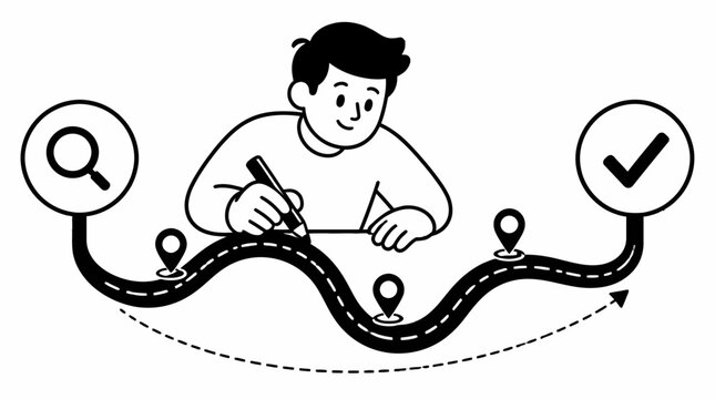 Person analyzing data on a curved path illustration.