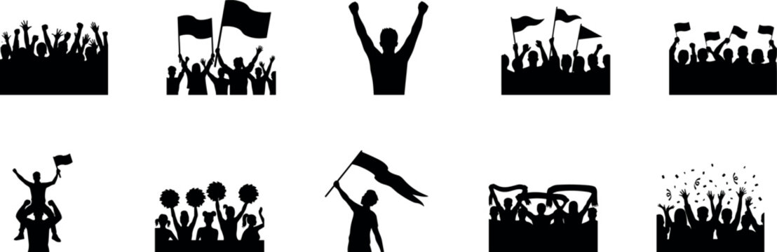 Diverse set of energetic crowd silhouettes cheering with flags and pom-poms in high contrast light during a stadium event.