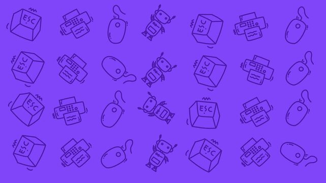 Purple background with cartoon tech items. Printers, mice, robots, and boxes repeat in a fun pattern. Simple outlines give playful, whimsical feel. Great for web design or tech-themed presentations