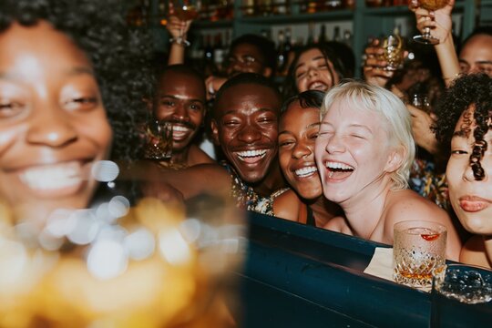 Group of cheerful young adults laughing at a teal bar counter with cocktails, featuring candid joy and direct flash lighting for nightlife and social lifestyle content