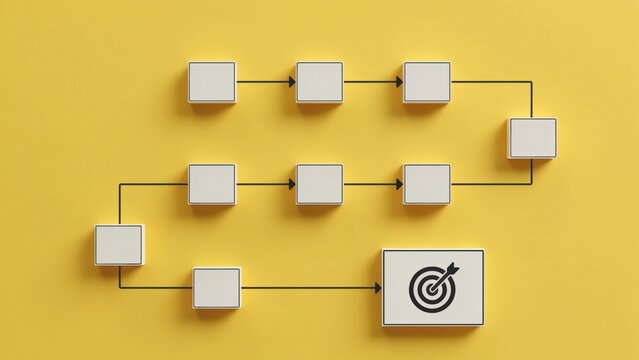Flowchart diagram with blank squares and a target icon on a yellow background